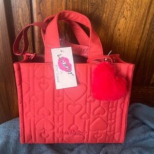 Betsey Johnson Luv Betsey Red Quilted Cloth Tote/Crossbody, removable strap, new